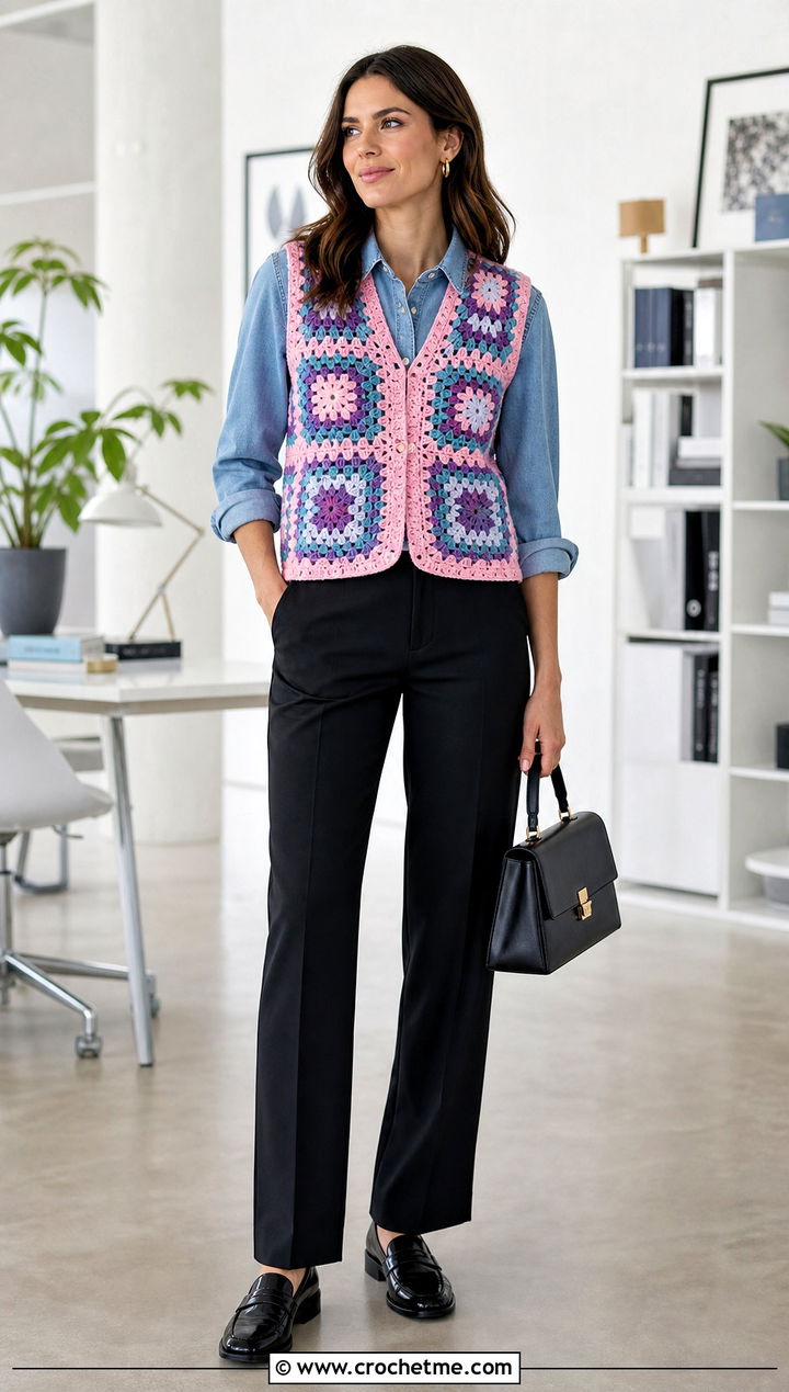 Granny Square Lace Vest With a Denim Shirt - 20 Lacy Crochet Vest outfit ideas