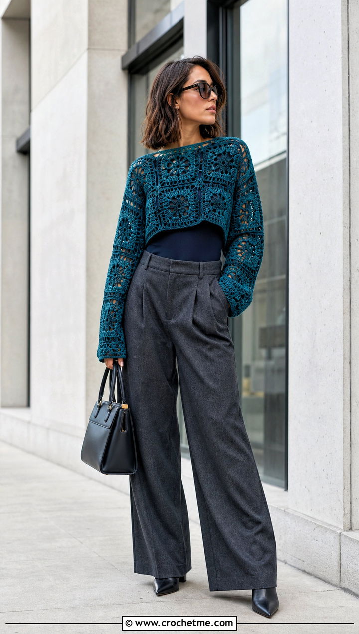 Granny Square Lacy Crochet Sweater With Wide Leg Trousers - 25 Lacy Crochet Sweater outfit ideas