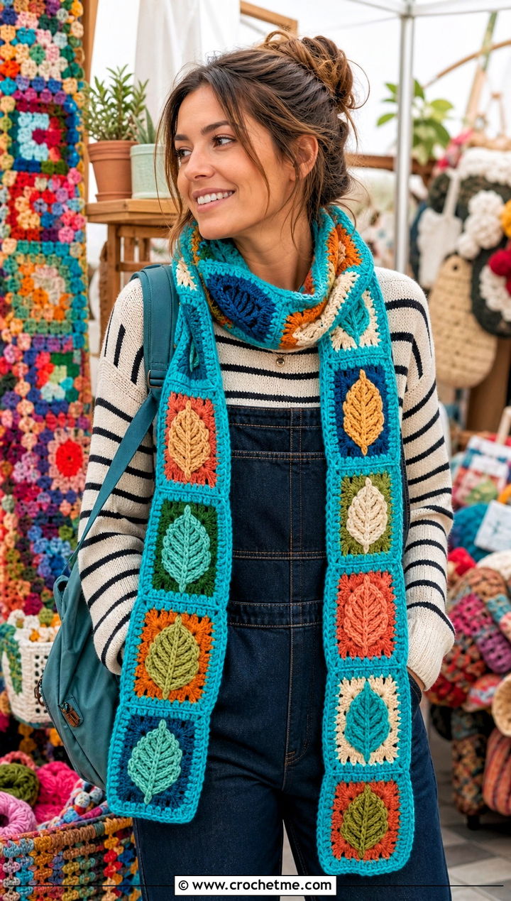 Granny Square Leaf Scarf With Denim Overalls - 25 crochet leaf scarf outfit ideas