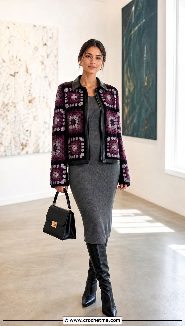 Granny Square Leather Trim Jacket With Midi Dress - 30 granny square jackets outfit ideas