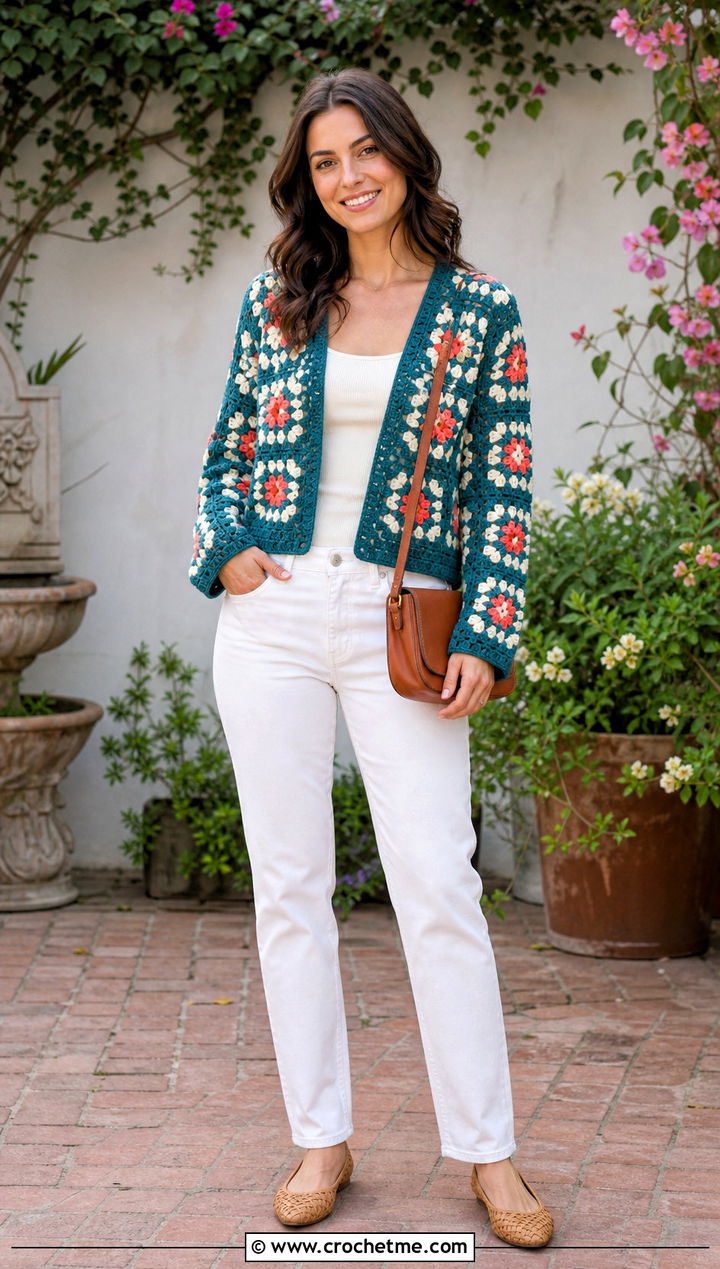 Granny Square Light Crochet Sweater With White Denim - 25 Light Crochet Sweater outfit ideas