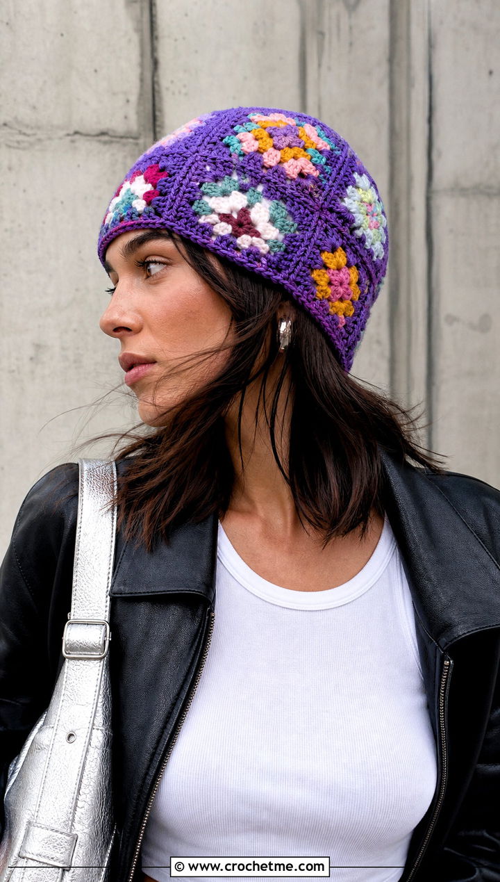 Granny Square Lightweight Crochet Beanie With Leather Jacket - 15 Lightweight Crochet Beanie outfit ideas