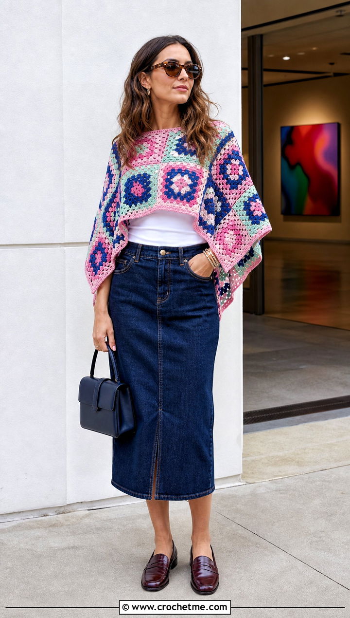 Granny Square Lightweight Crochet Poncho With Denim Midi Skirt - 15 Lightweight Crochet Poncho outfit ideas