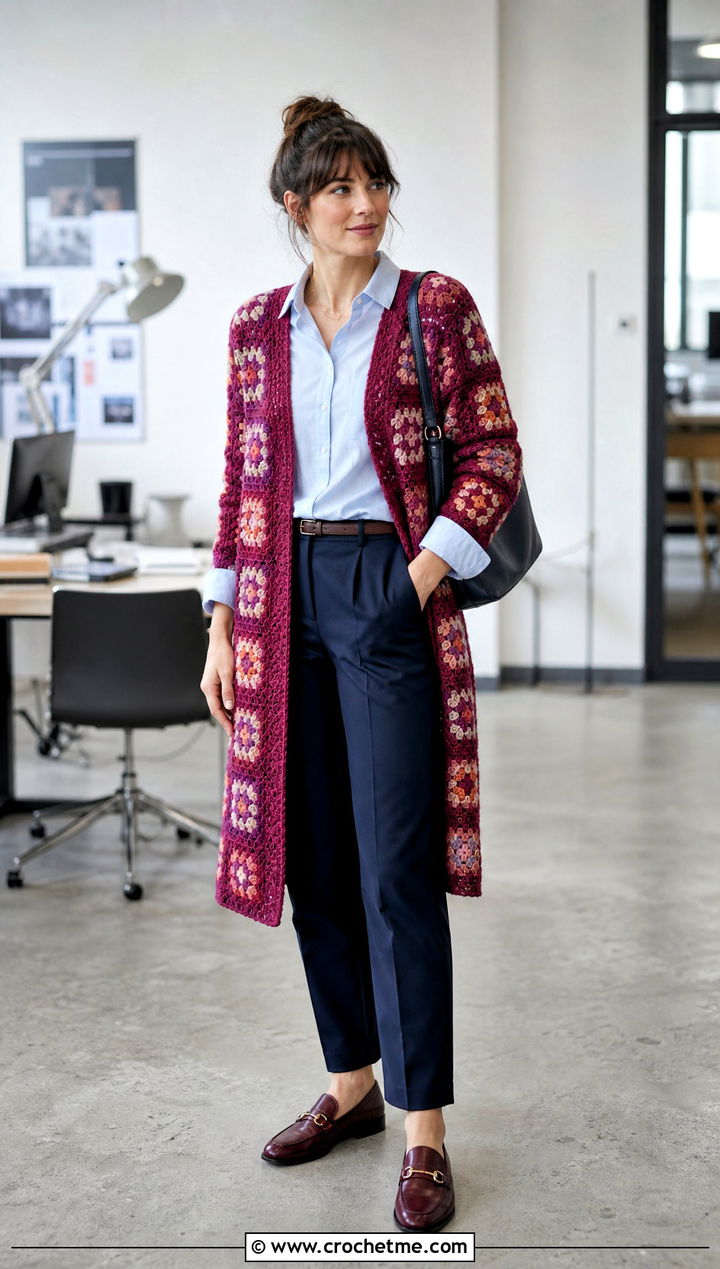 Granny Square Long Cardigan With Button Down Shirt - 25 granny square long cardigan outfit ideas