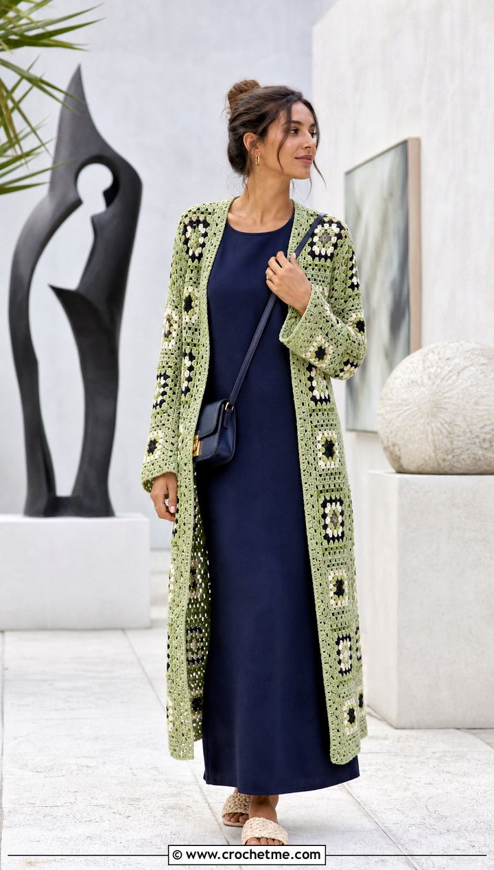 Granny Square Long Cardigan With Column Maxi Dress - 25 granny square long cardigan outfit ideas