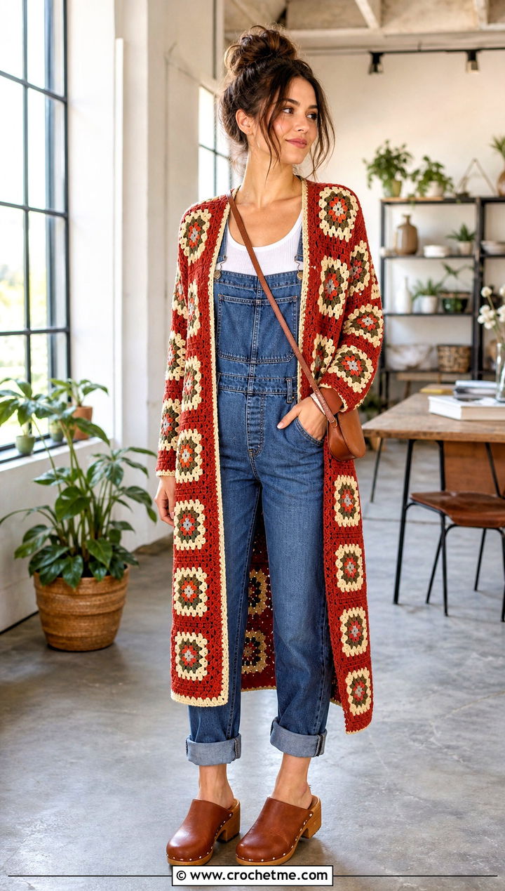 Granny Square Long Cardigan With Denim Jumpsuit - 25 granny square long cardigan outfit ideas