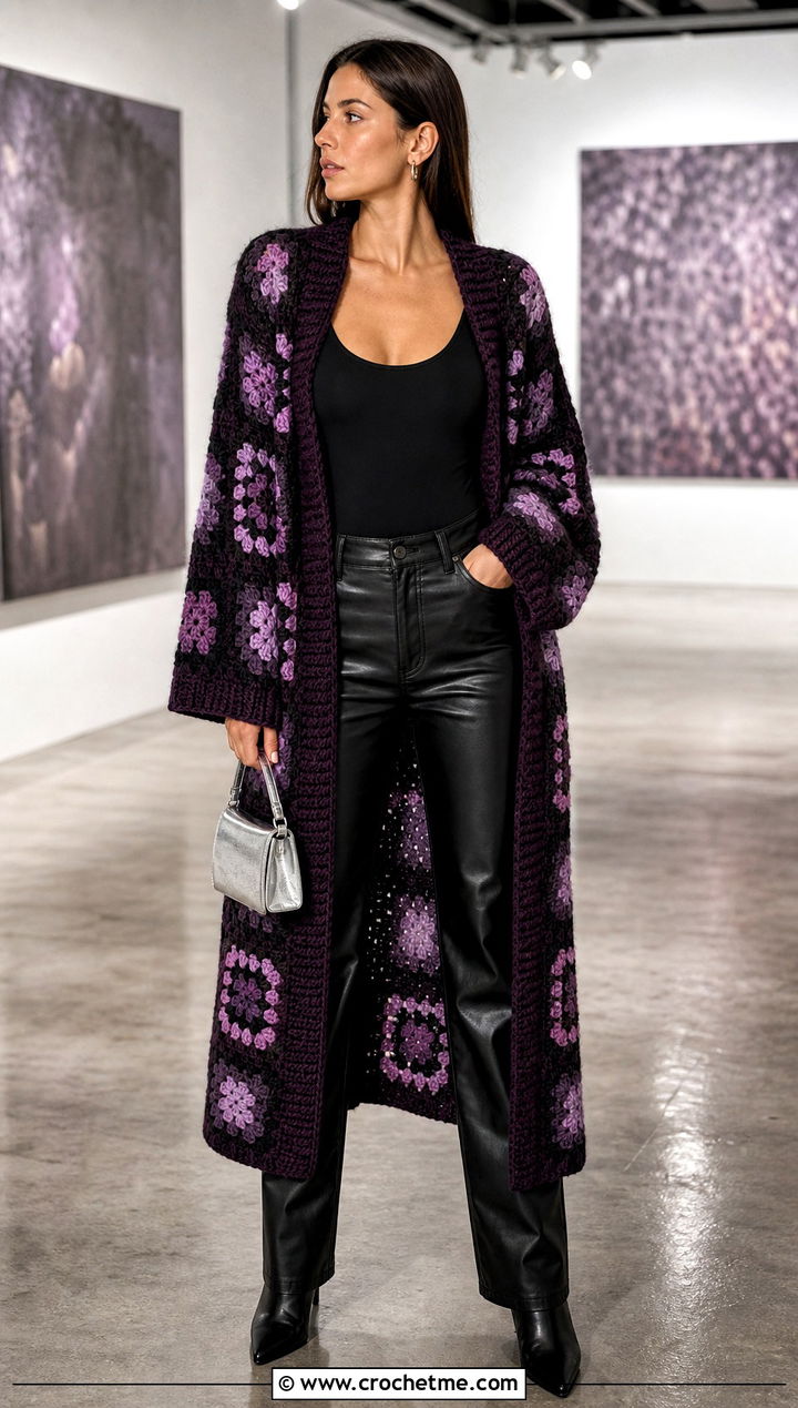 Granny Square Long Cardigan With Leather Pants - 25 granny square long cardigan outfit ideas