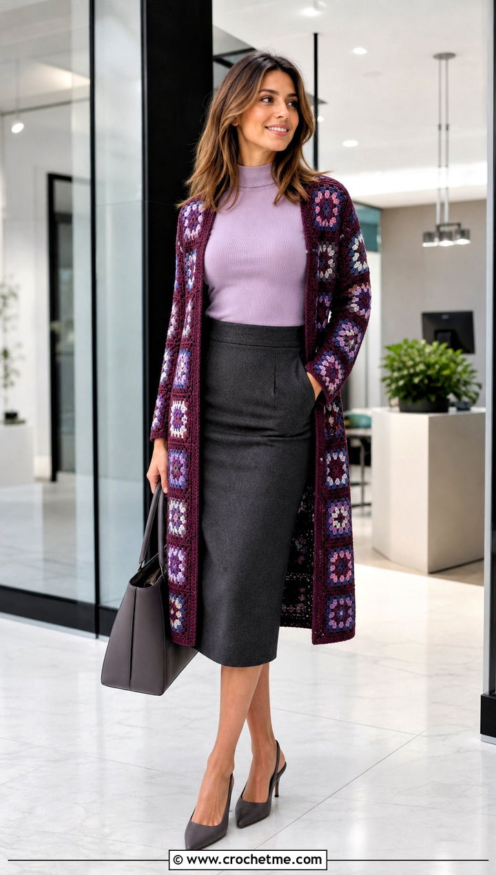Granny Square Long Cardigan With Pencil Skirt - 25 granny square long cardigan outfit ideas