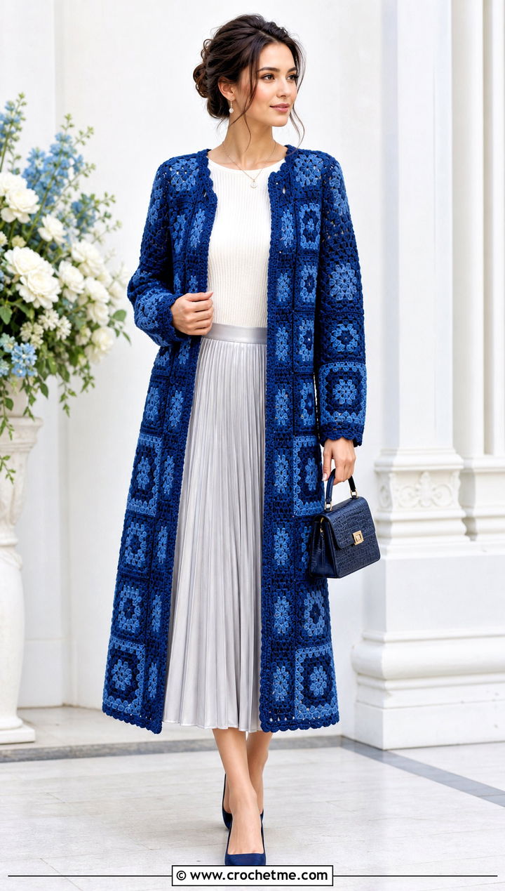 Granny Square Long Cardigan With Pleated Midi Skirt - 25 granny square long cardigan outfit ideas