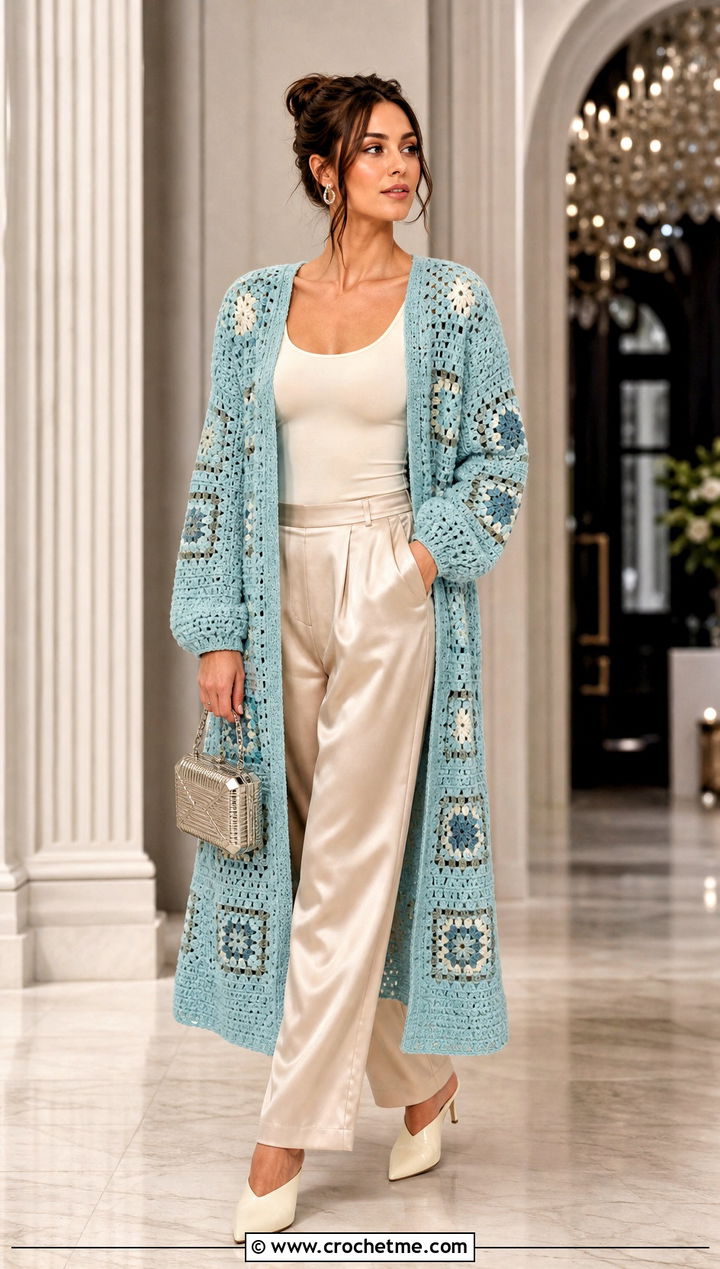 Granny Square Long Cardigan With Satin Pants - 25 granny square long cardigan outfit ideas