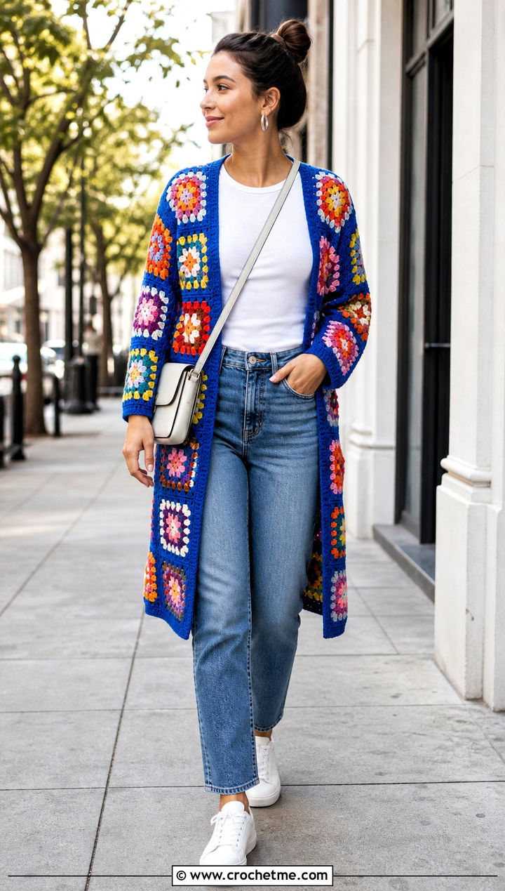 Granny Square Long Cardigan With Straight Leg Jeans - 25 granny square long cardigan outfit ideas