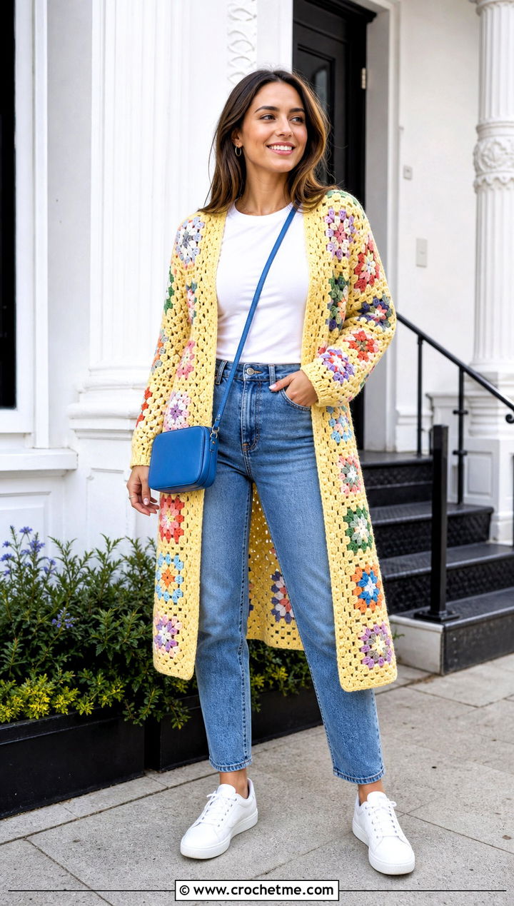 Granny Square Long Cardigan With Straight Leg Jeans - 20 Easy Crochet Long Cardigan outfit ideas