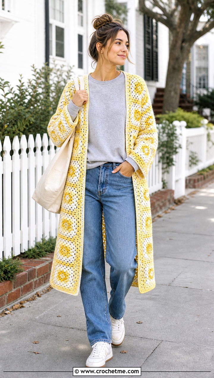 Granny Square Long Cardigan With Sweatshirt And Jeans - 25 granny square long cardigan outfit ideas