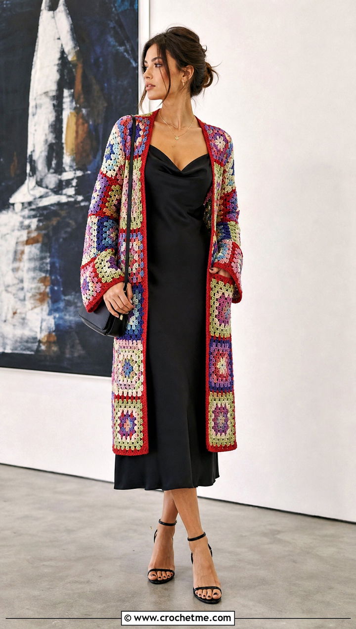 Granny Square Long Crochet Cardigan With Slip Dress - 15 crochet long cardigan with pockets outfit ideas