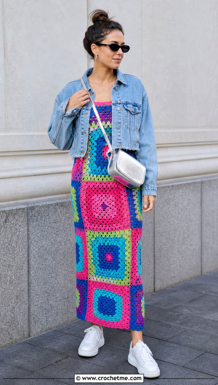 Granny Square Long Crochet Dress With Denim Jacket - 35 Long Crochet Dress outfit ideas