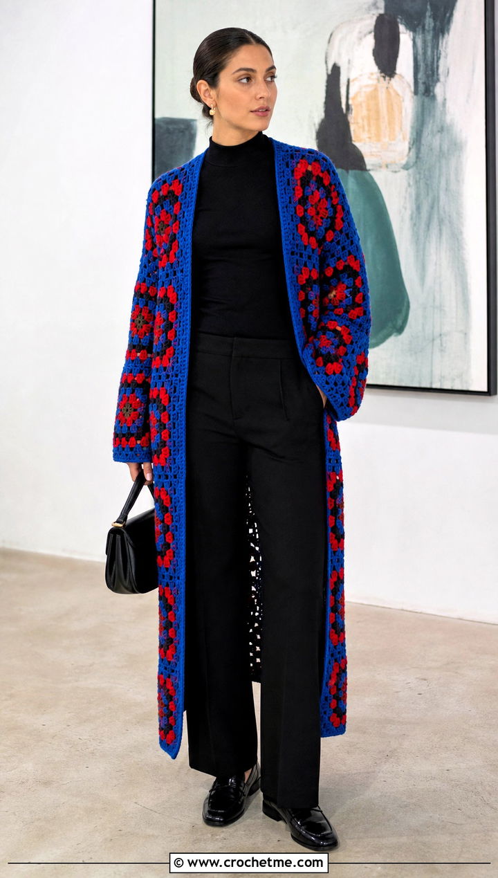 Granny Square Long Crochet Duster With Black Basics - 25 Long Crochet Duster outfit ideas