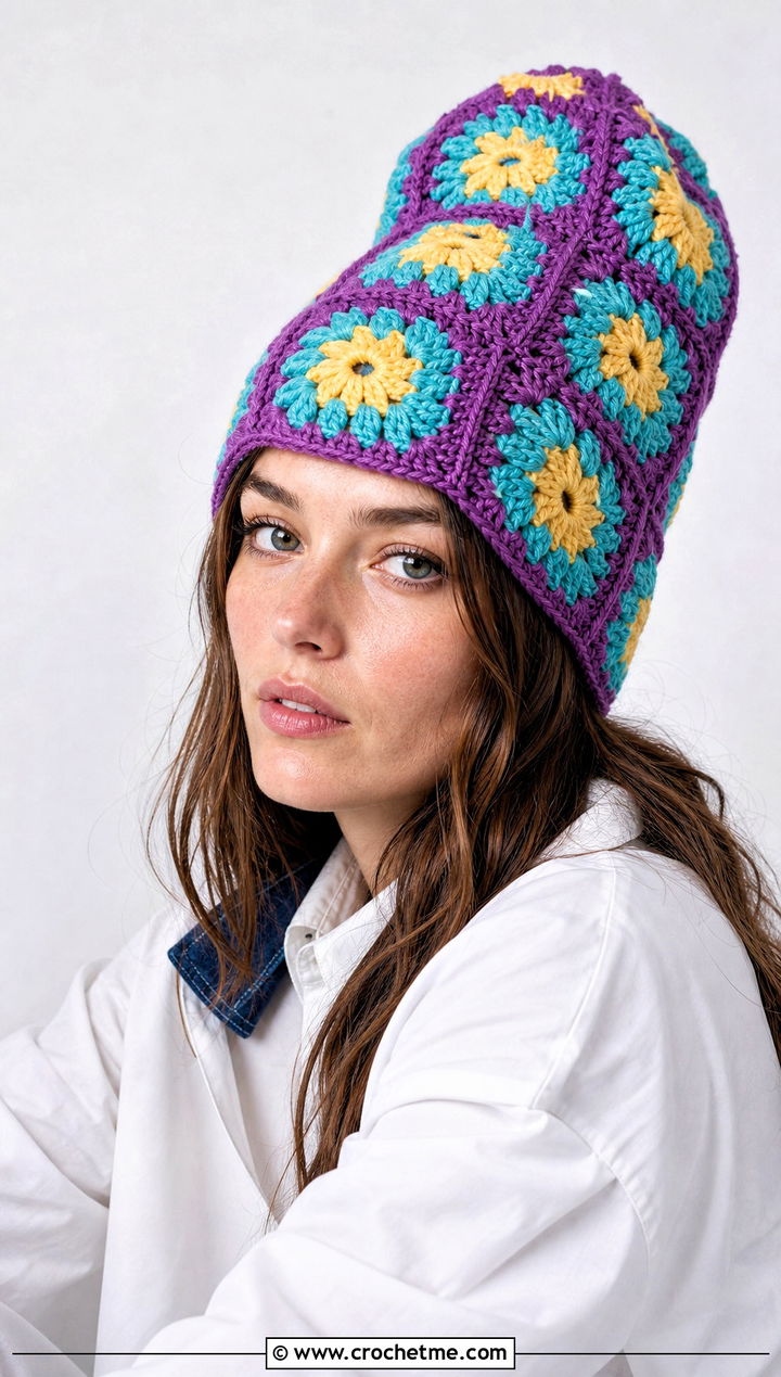 Granny Square Long Crochet Hat With White Shirt - 30 crochet long hat outfit ideas