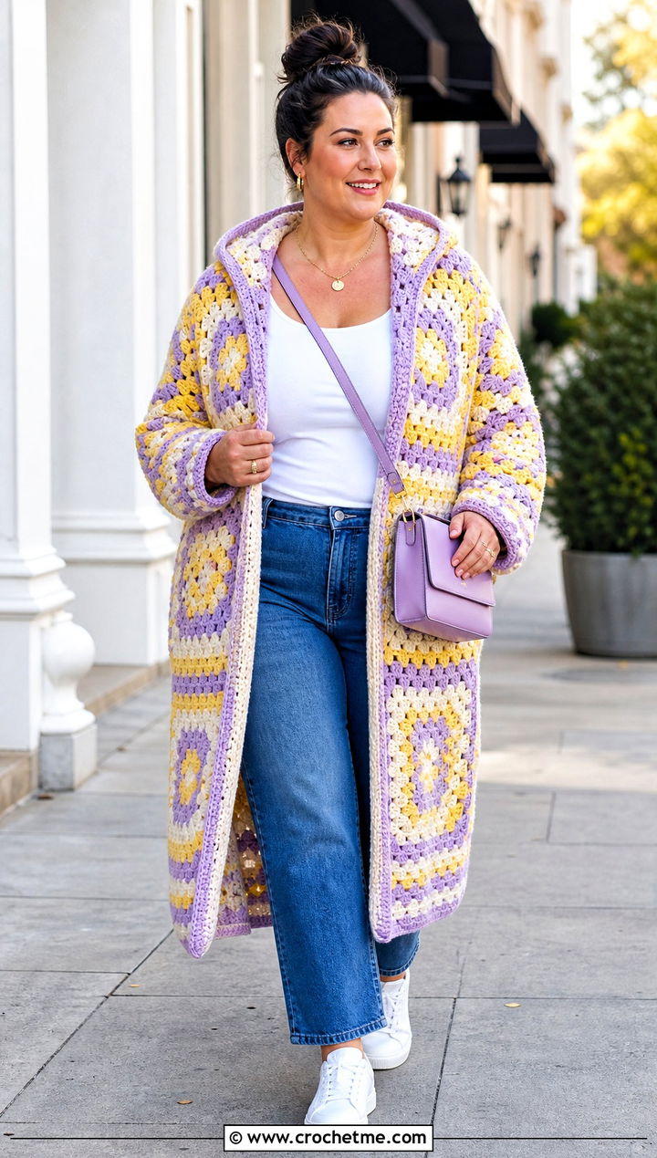 Granny Square Long Hooded Cardigan With Straight Leg Jeans - 25 crochet long hooded cardigan outfit ideas