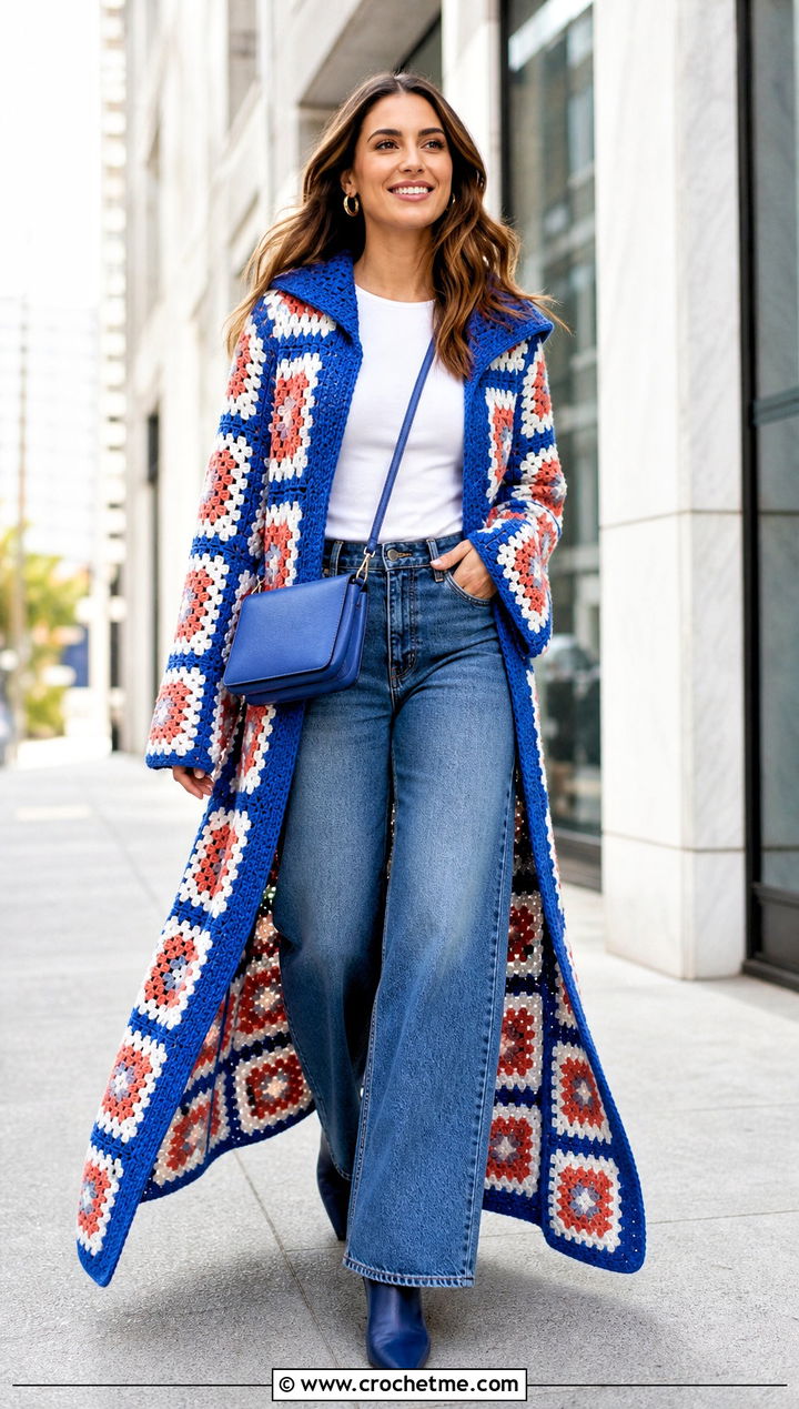 Granny Square Long Hooded Crochet Cape With Wide Leg Jeans - 25 Long Hooded Crochet Cape outfit ideas