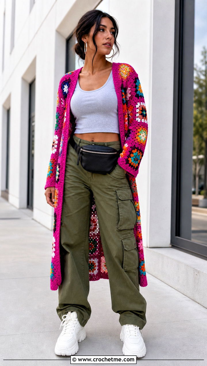 Granny Square Long Sleeve Cover Up With Cargo Pants - 35 granny square cover up outfit ideas