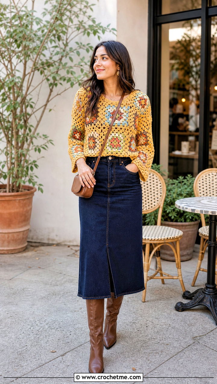 Granny Square Long Sleeve Crochet Blouse With Denim Midi Skirt - 15 Long Sleeve Crochet Blouse outfit ideas