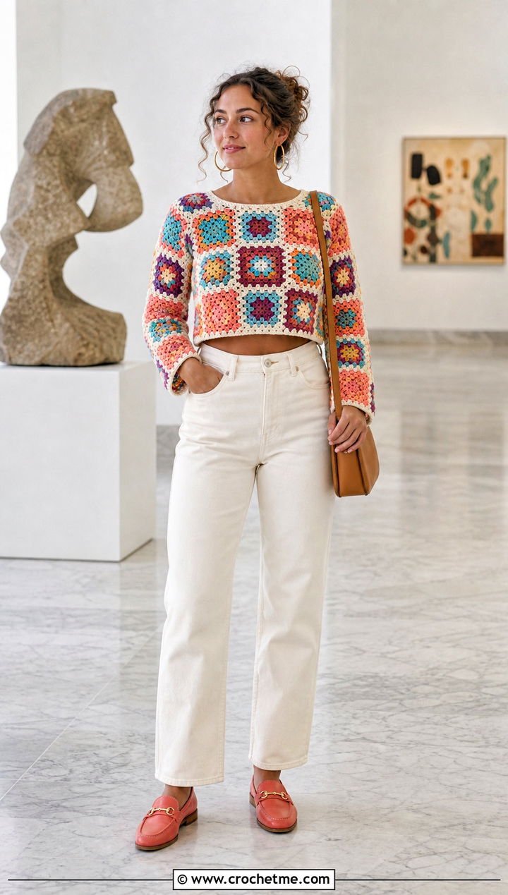 Granny Square Long Sleeve Crochet Crop Top With White Jeans - 15 crochet crop top with sleeves outfit ideas