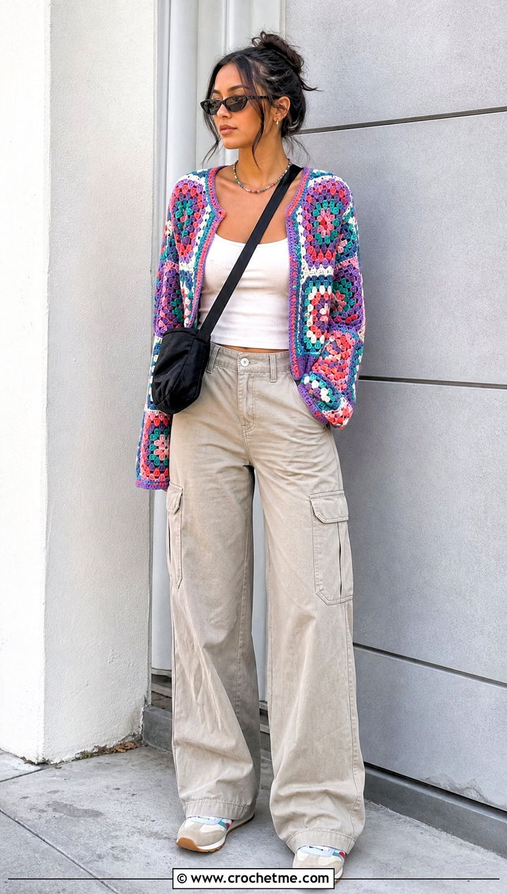 Granny Square Long Sleeve Crochet Top With Cargo Pants - 25 long sleeve crochet top outfit ideas