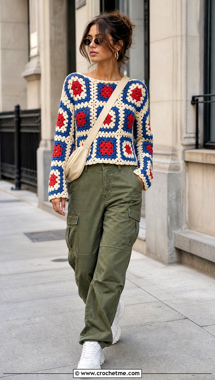 Granny Square Long Sleeve Crochet Top With Cargo Pants - 25 aesthetic long sleeve crochet tops outfit ideas