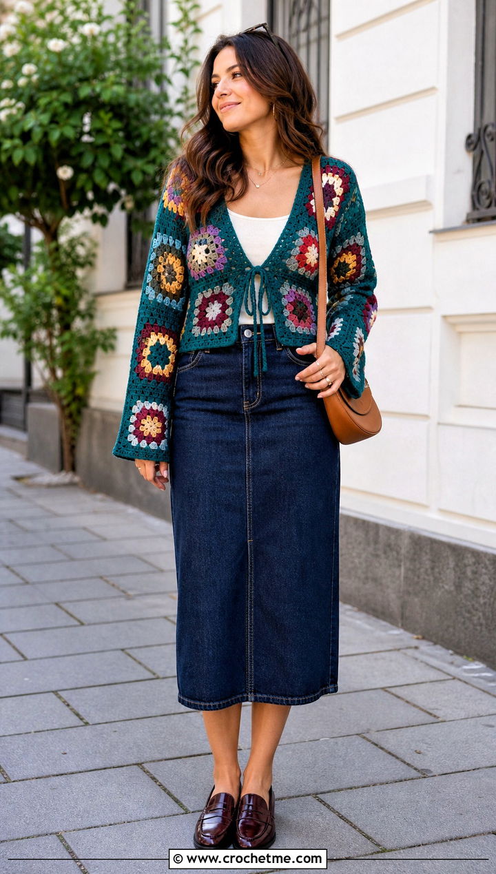 Granny Square Long Sleeve Tie Front Crochet Top With Denim Midi Skirt - 25 long sleeve tie front crochet top outfit ideas