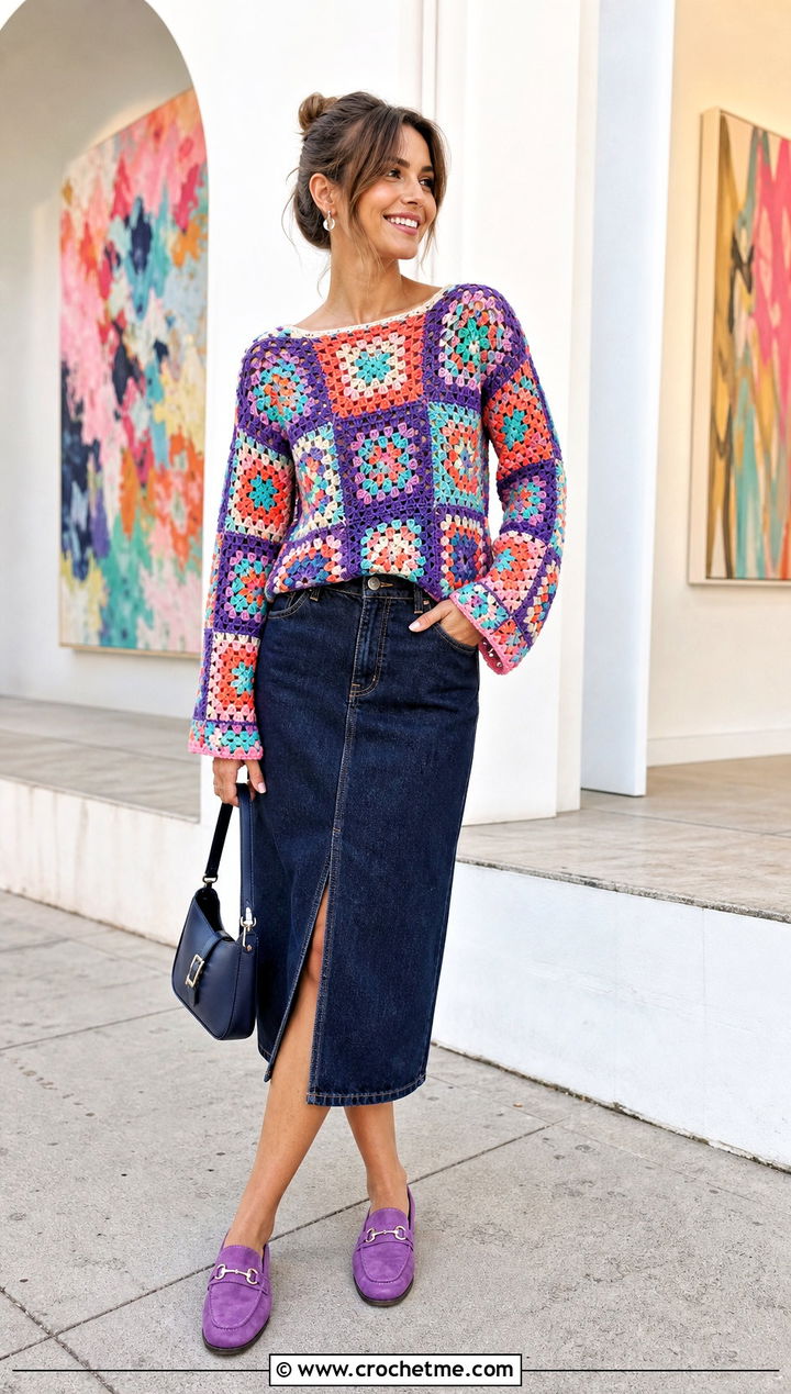 Granny Square Long Sleeve Top With Denim Skirt - 25 Easy Crochet Long Sleeve Top outfit ideas