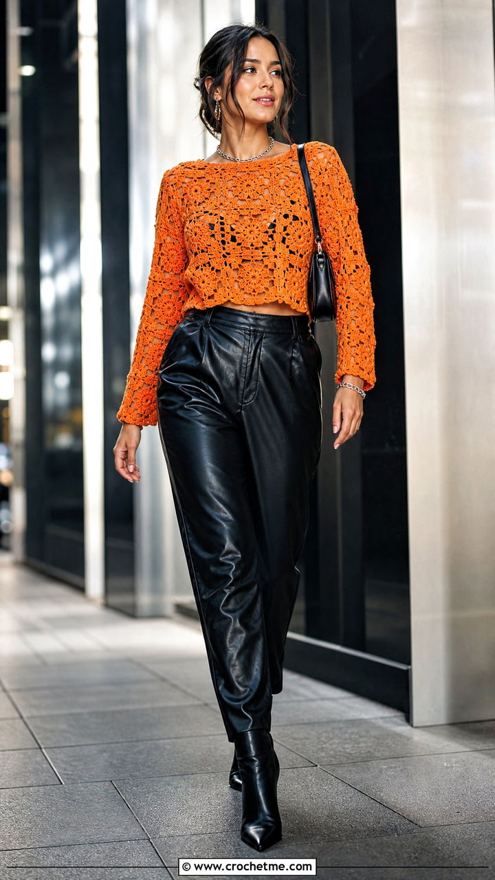Granny Square Long Sleeve Top With Leather Pants - 35 crochet granny square tops outfit ideas