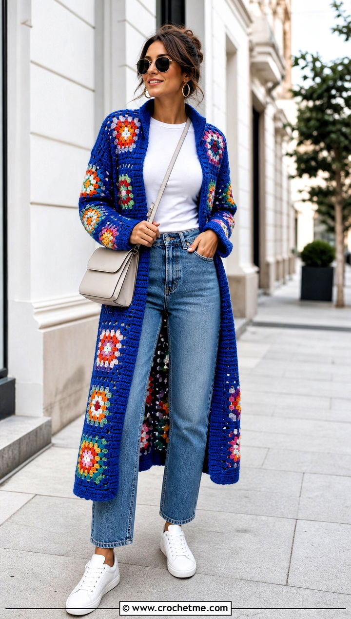 Granny Square Longline Crochet Coat With Straight Jeans - 15 crochet coat size m outfit ideas