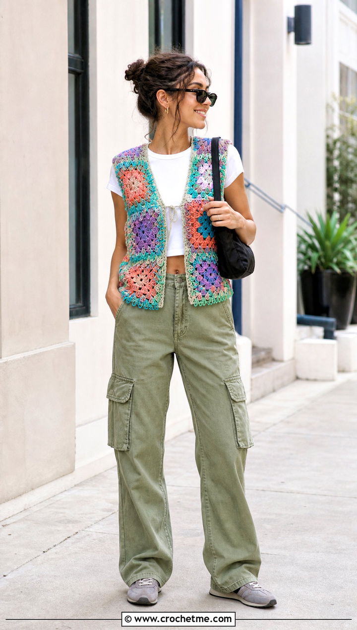 Granny Square Loopy Crochet Vest With Cargo Pants - 15 loopy crochet vest outfit ideas