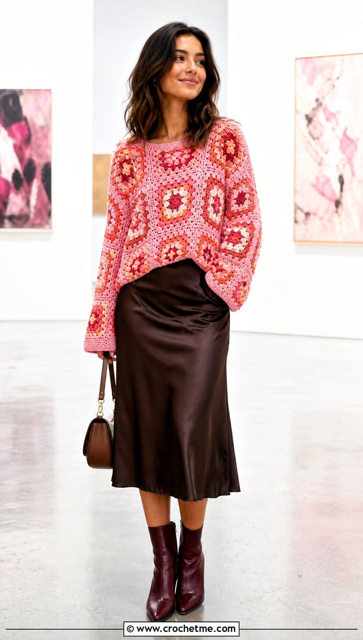 Granny Square Loose Crochet Sweater With Satin Midi Skirt - 30 loose crochet sweater outfit ideas