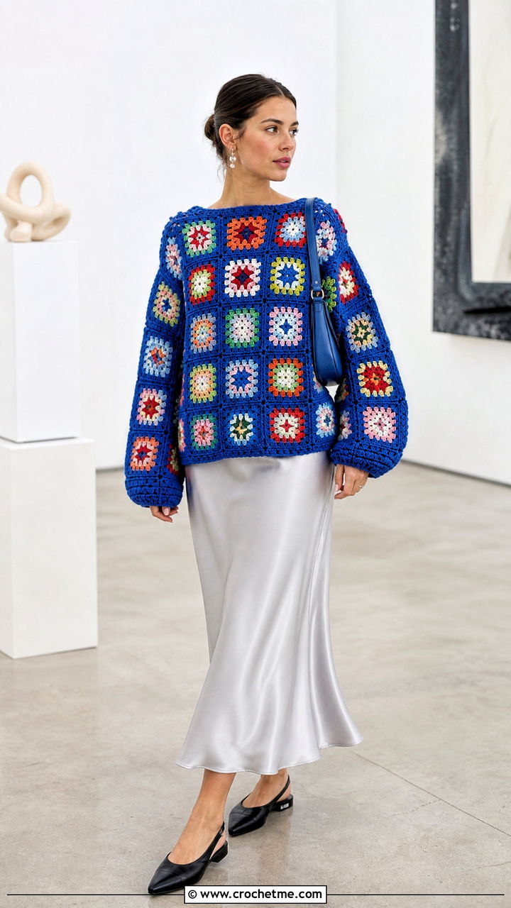Granny Square Loose Sweater With Satin Slip Skirt - 35 crochet loose sweater outfit ideas