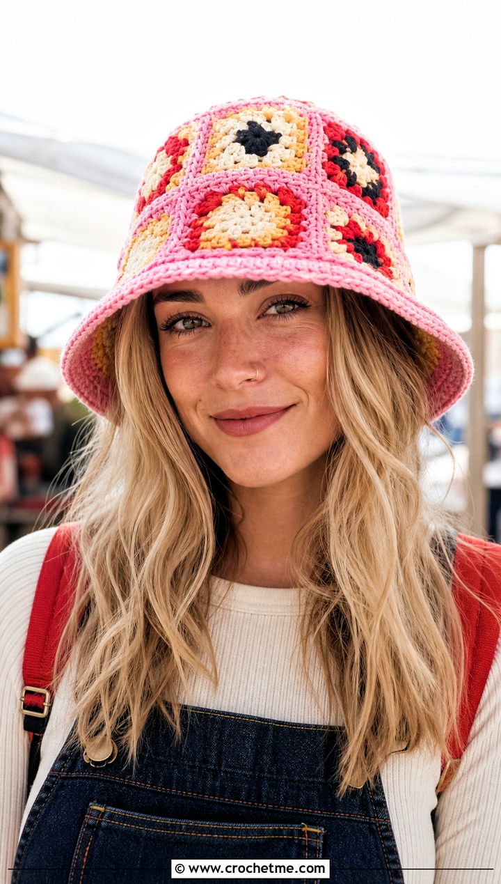 Granny Square Mahomes Bucket Hat With Overalls - 15 Crochet Mahomes Hat outfit ideas