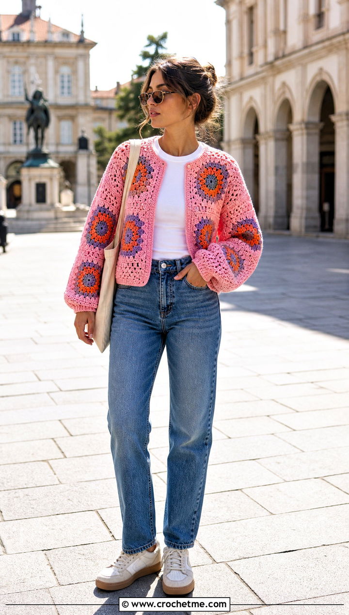 Granny Square Mandala Crochet Sweater With Straight Jeans - 25 Mandala Crochet Sweater outfit ideas