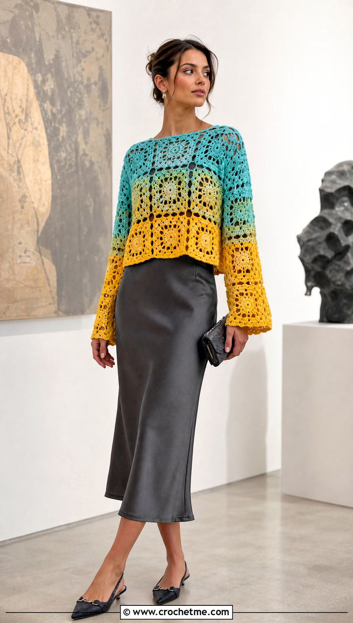 Granny Square Mandala Ombre Crochet Sweater Over A Slip Dress - 15 mandala ombre crochet sweater outfit ideas