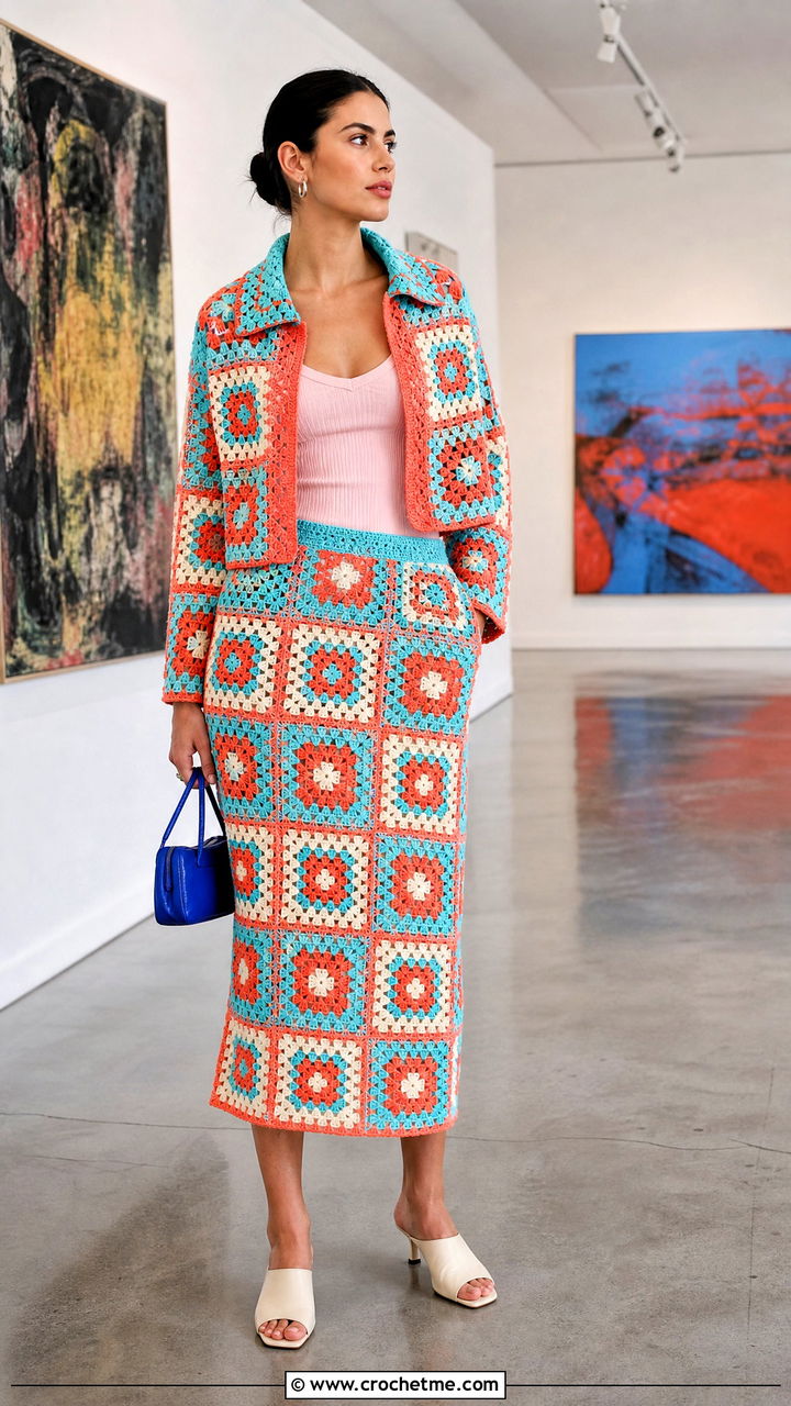 Granny Square Matching Set With Minimal Accessories - 35 granny square clothes and outfit ideas