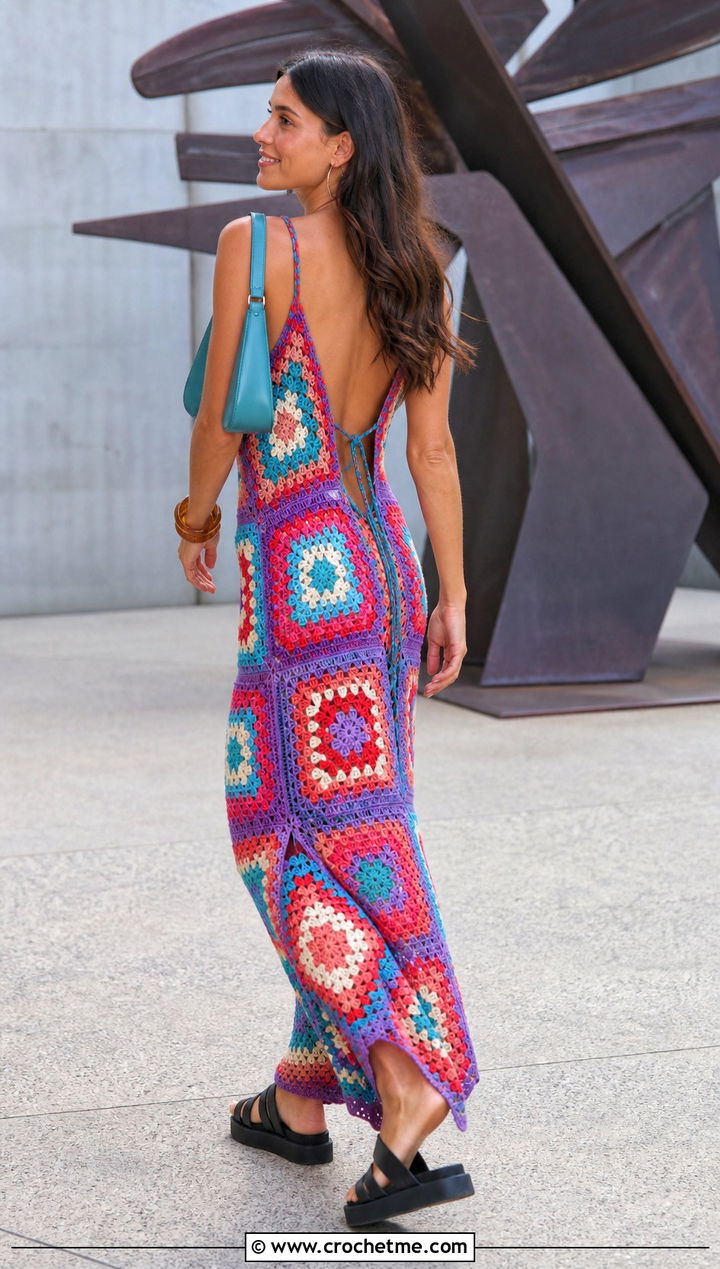 Granny Square Maxi Backless Crochet Dress With Platform Sandals - 15 backless crochet dress outfit ideas