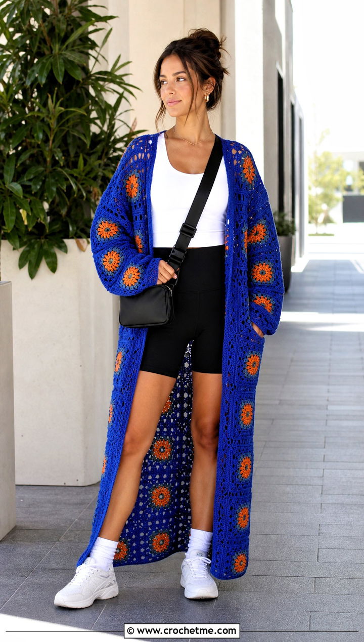 Granny Square Maxi Cardigan With Biker Shorts - 35 long granny square cardigan outfit ideas