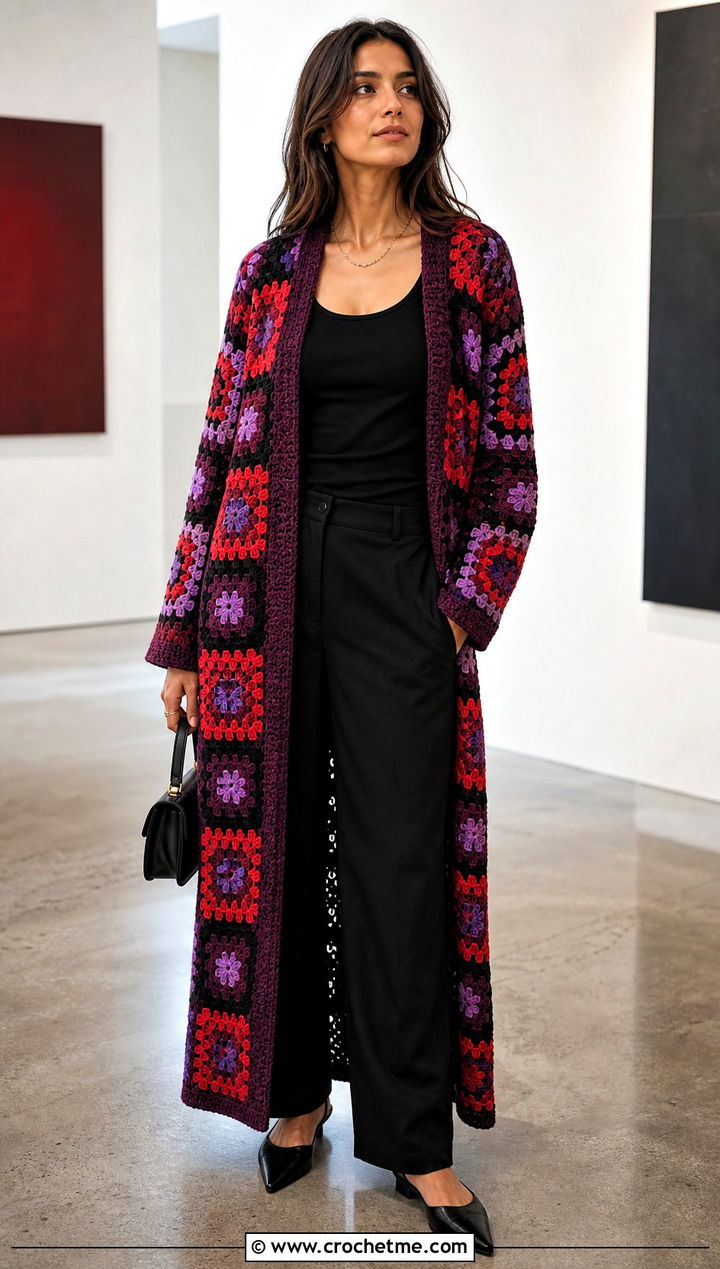Granny Square Maxi Cardigan With Black Basics - 30 long crochet cardigan outfit ideas