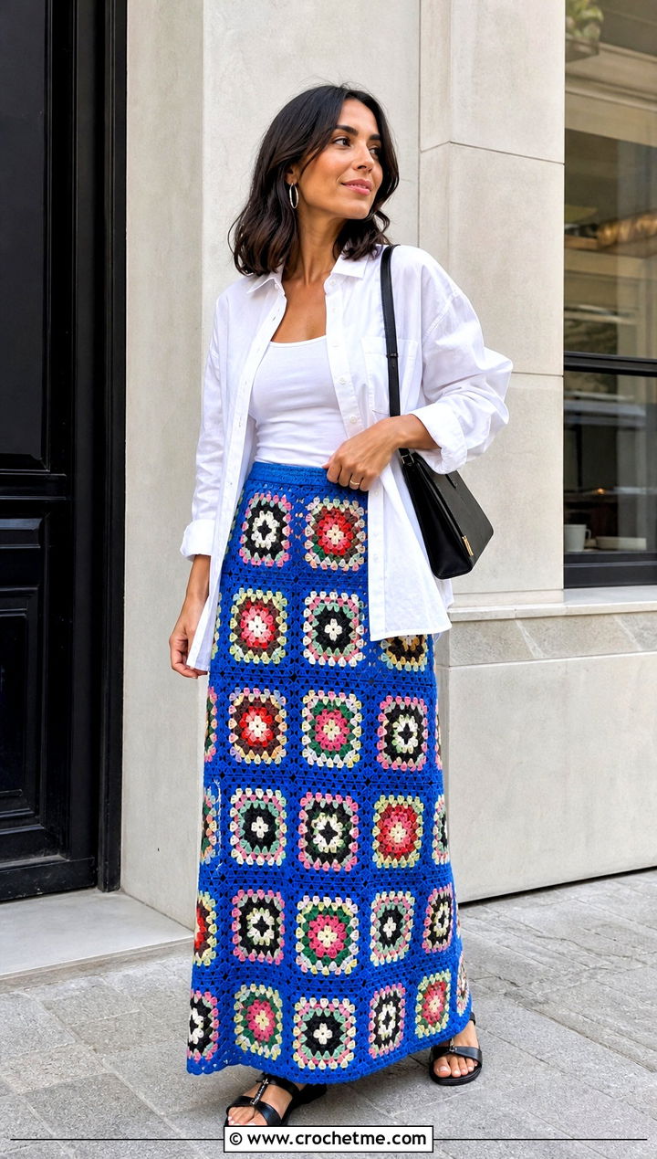 Granny Square Maxi Crochet Skirt With White Shirt - 35 maxi crochet skirt outfit ideas