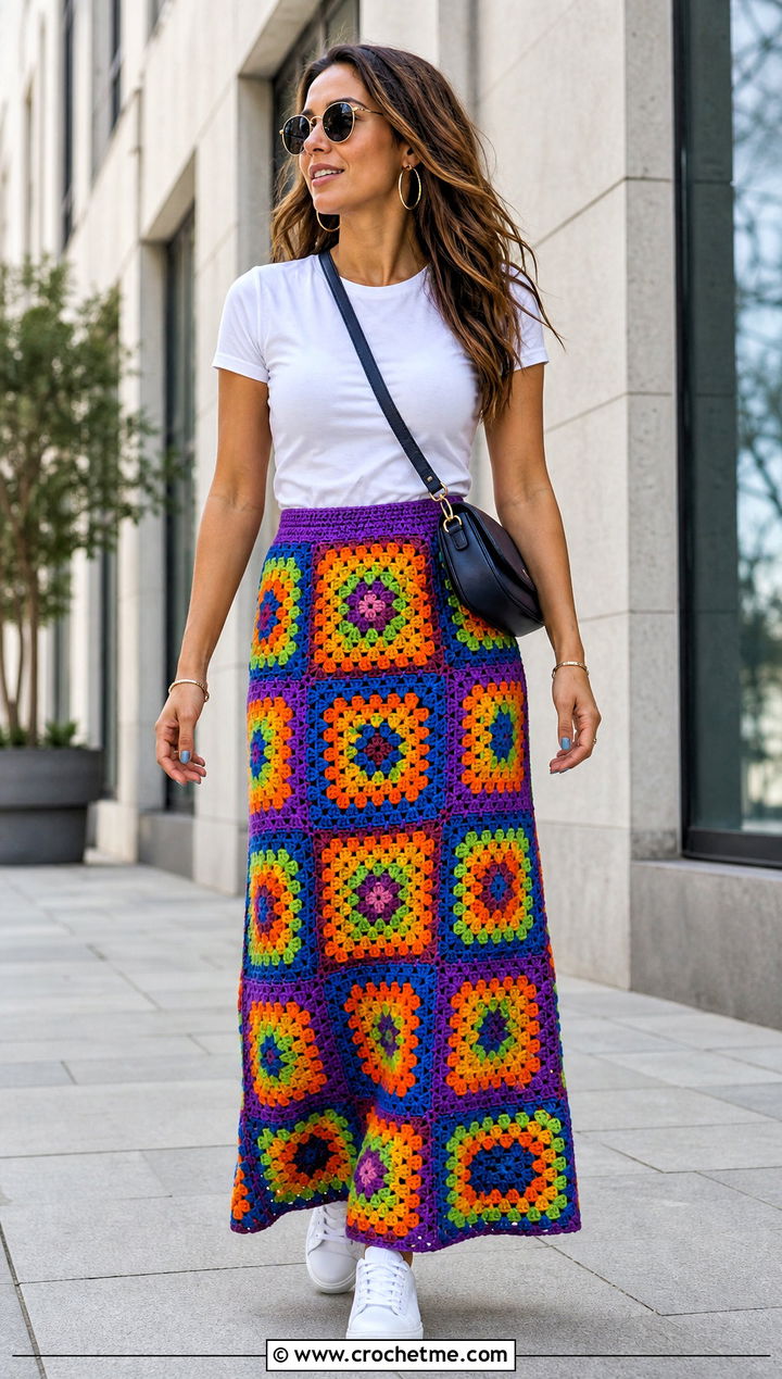 Granny Square Maxi Crochet Skirt With White T Shirt - 35 easy crochet skirt outfit ideas