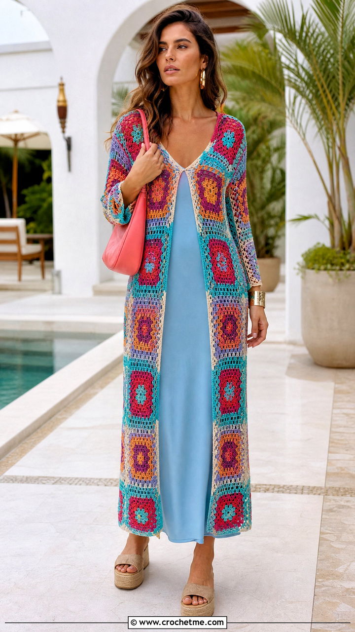 Granny Square Maxi Dress Crochet Coverup With Slip Dress - 35 crochet coverup outfit ideas