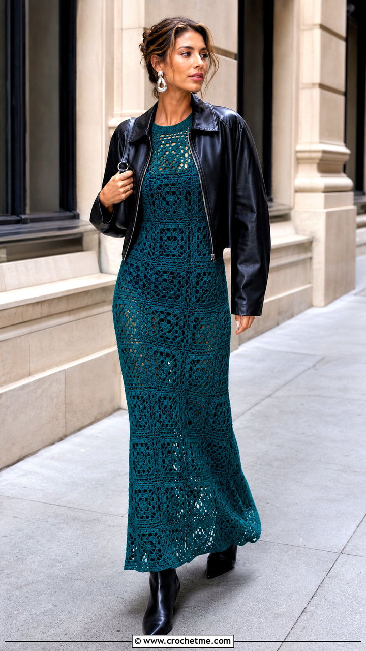Granny Square Maxi Dress With Leather Jacket And Boots - 35 granny square dress outfit ideas