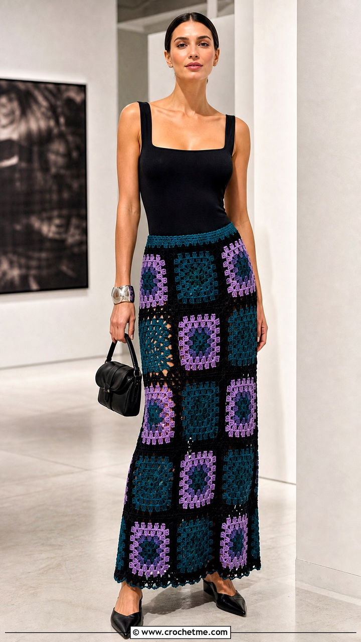 Granny Square Maxi Skirt With Black Bodysuit - 35 granny square skirt outfit ideas