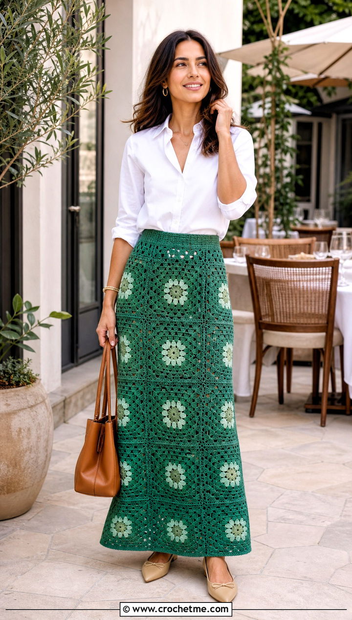Granny Square Maxi Skirt With Crisp Button Down - 35 Granny Square Clothing Ideas