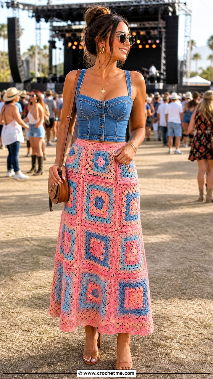 Granny Square Maxi Skirt With Denim Corset Top - 35 granny square skirt outfit ideas