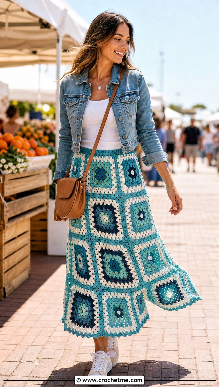 Granny Square Maxi Skirt With Denim Jacket - 30 crochet granny square clothing and outfit ideas